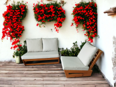 Nepal Bahçe Balkon Masif Kestane Ahşap Koltuk - 1 Adet Tekli 1 Adet İkili Koltuk Krem