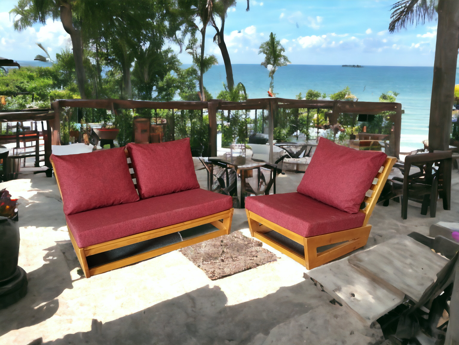 Nepal Bahçe Balkon Masif Kestane Ahşap Koltuk - 1 Adet Tekli 1 Adet İkili Koltuk Bordo