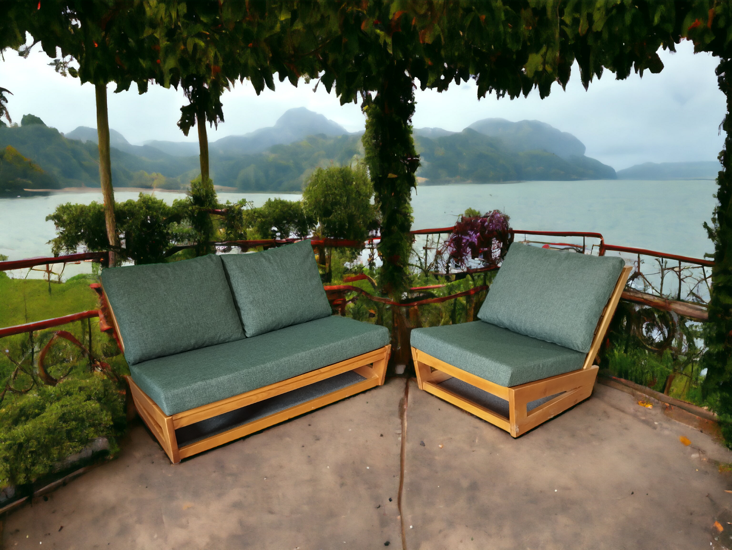 Nepal Bahçe Balkon Masif Kestane Ahşap Koltuk - 1 Adet Tekli 1 Adet İkili Koltuk Haki Yeşil