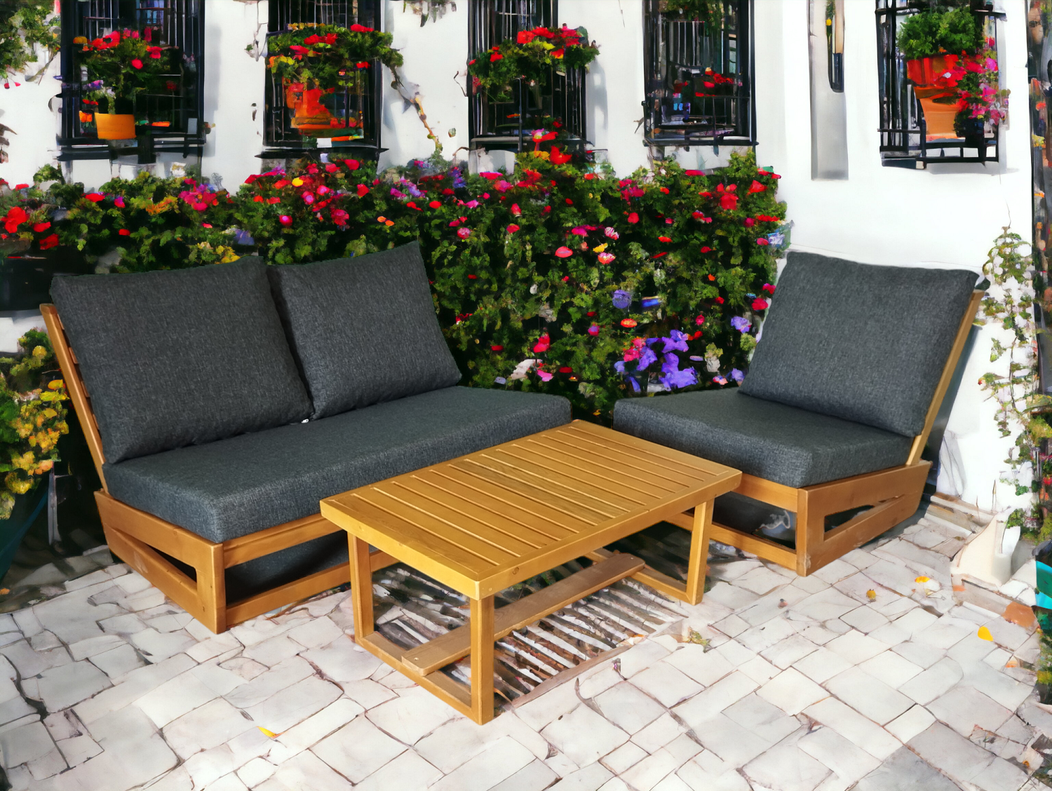 Nepal Bahçe Balkon Masif Kestane Ahşap Koltuk Takımı - 1 Adet Ikili 1 Adet Tekli ve Orta Sehpa Antrasit Gri