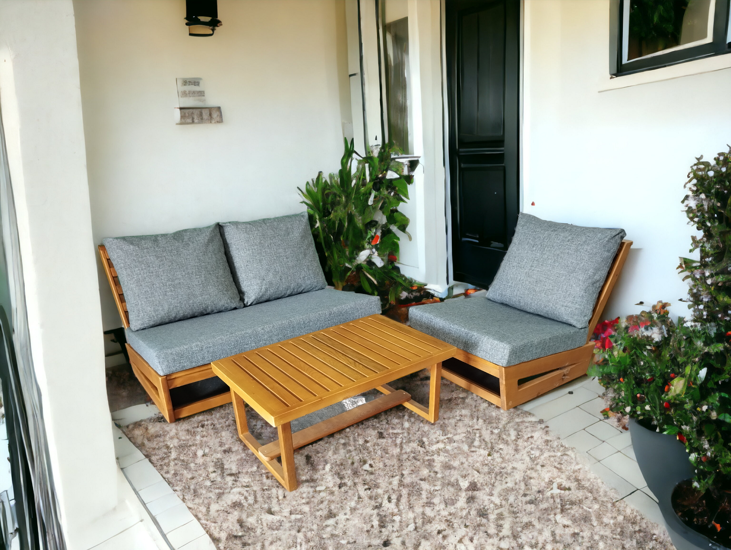 Nepal Bahçe Balkon Masif Kestane Ahşap Koltuk Takımı - 1 Adet Ikili 1 Adet Tekli ve Orta Sehpa Gri