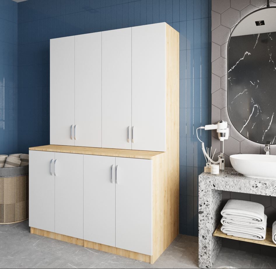 Maven Çamaşır Ve Kurutma Makinesi Dolabı Banyo Dolabı Meşe Beyaz Ücretsiz Kurulum