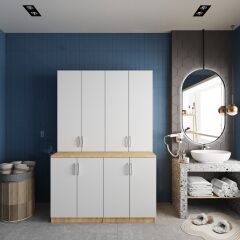 Maven Çamaşır Ve Kurutma Makinesi Dolabı Banyo Dolabı Meşe Beyaz Ücretsiz Kurulum