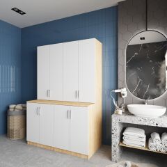 Maven Çamaşır Ve Kurutma Makinesi Dolabı Banyo Dolabı Meşe Beyaz Ücretsiz Kurulum