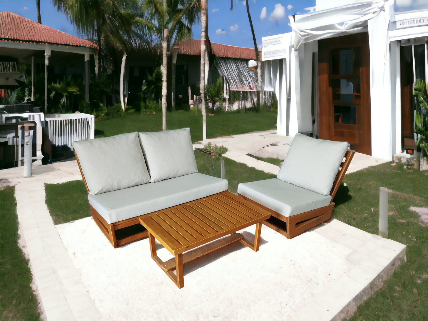 Nepal Bahçe Balkon Masif Kestane Ahşap Koltuk Takımı - 1 Adet Ikili 1 Adet Tekli ve Orta Sehpa Krem