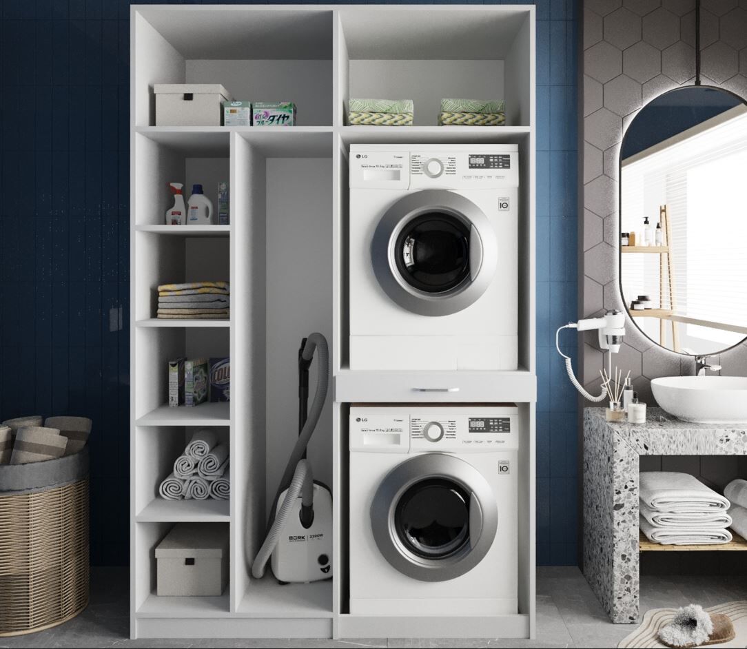 Megan Çamaşır Ve Kurutma Makinesi Dolabı Banyo Dolabı Beyaz- Ücretsiz Kurulum