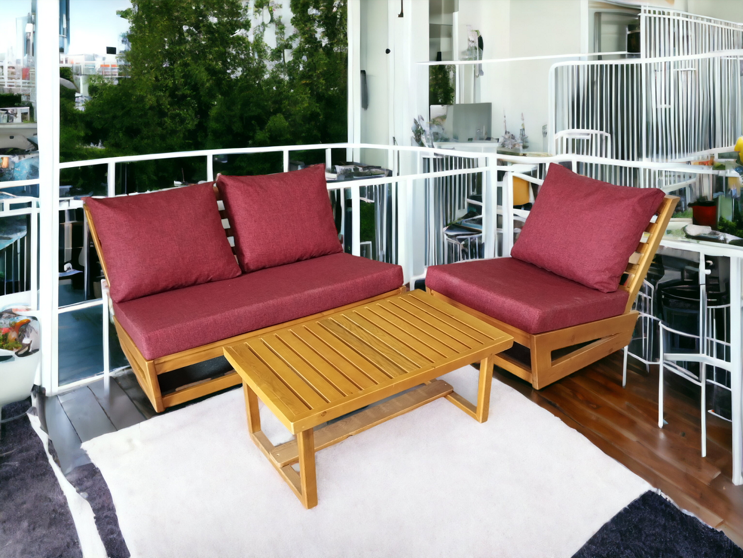 Nepal Bahçe Balkon Masif Kayın Ahşap Koltuk Takımı - 1 Adet Ikili 1 Adet Tekli ve Orta Sehpa Bordo