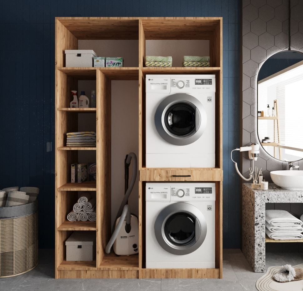 Megan Çamaşır Ve Kurutma Makinesi Dolabı Banyo Dolabı Çam- Ücretsiz Kurulum