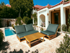 Nepal Bahçe Balkon Masif Kestane Ahşap Koltuk Takımı - 1 Adet Ikili 1 Adet Tekli ve Orta Sehpa Haki Yeşil