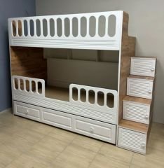 Aras Tamamı Mdf Membran Kaplama Çelik Destekli  Yavrulu Ranza Montaj Dahil Beyaz Meşe