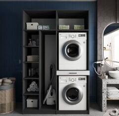 Megan Çamaşır Ve Kurutma Makinesi Dolabı Banyo Dolabı Füme Beyaz - Ücretsiz Kurulum