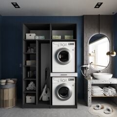 Megan Çamaşır Ve Kurutma Makinesi Dolabı Banyo Dolabı Füme Beyaz - Ücretsiz Kurulum