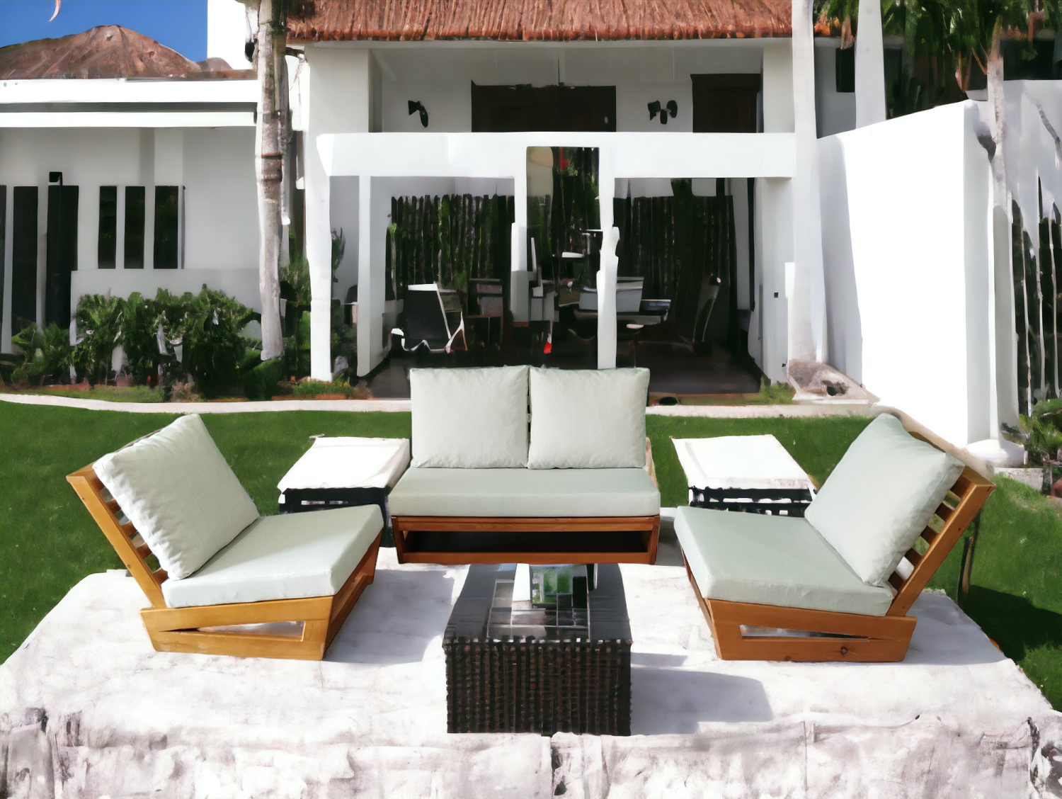 Nepal Bahçe Balkon Masif Kestane Ahşap Koltuk Takımı - 1 Adet Ikili 2 Adet Tekli Krem