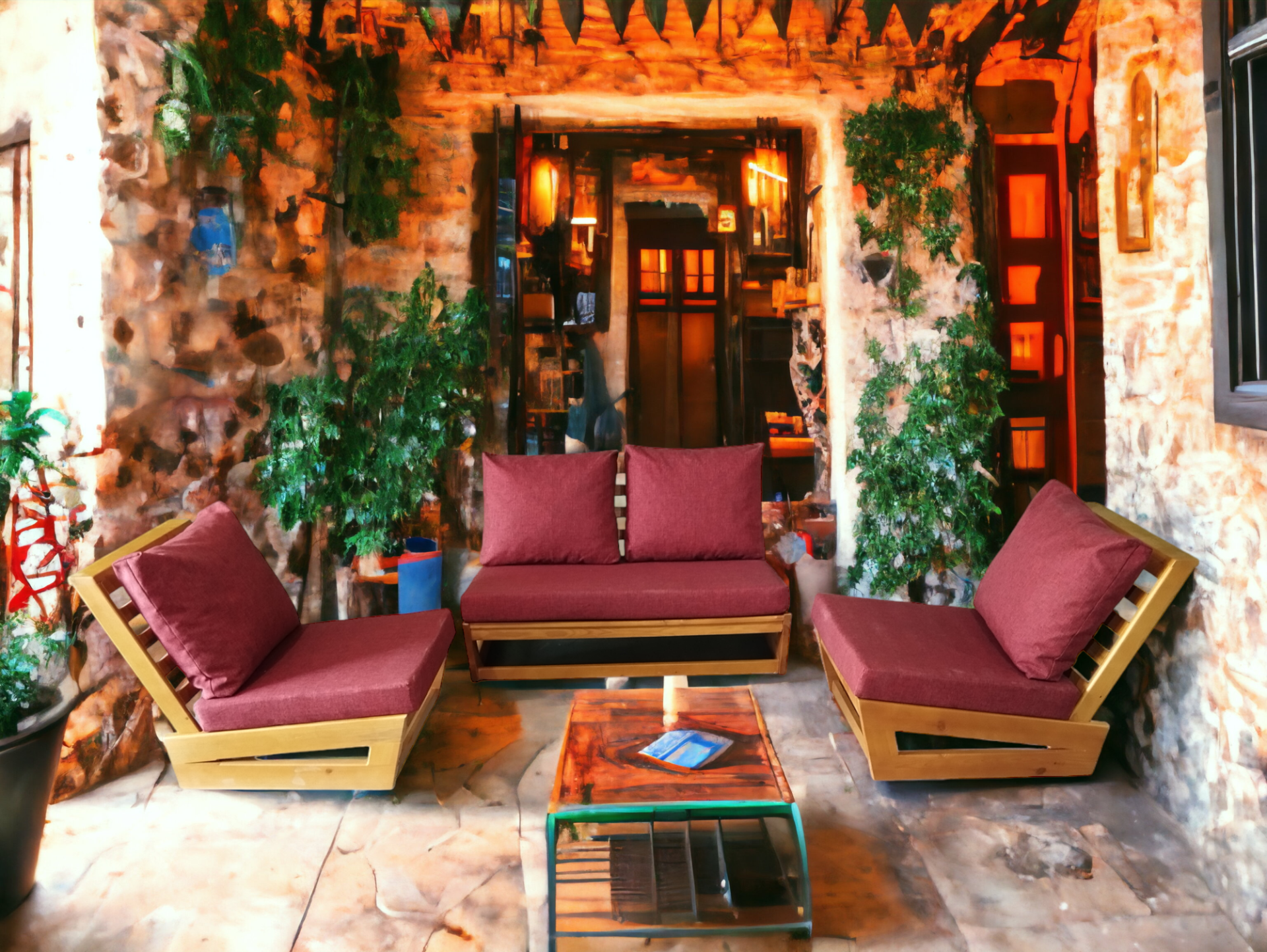 Nepal Bahçe Balkon Masif Kestane Ahşap Koltuk Takımı - 1 Adet Ikili 2 Adet Tekli Bordo