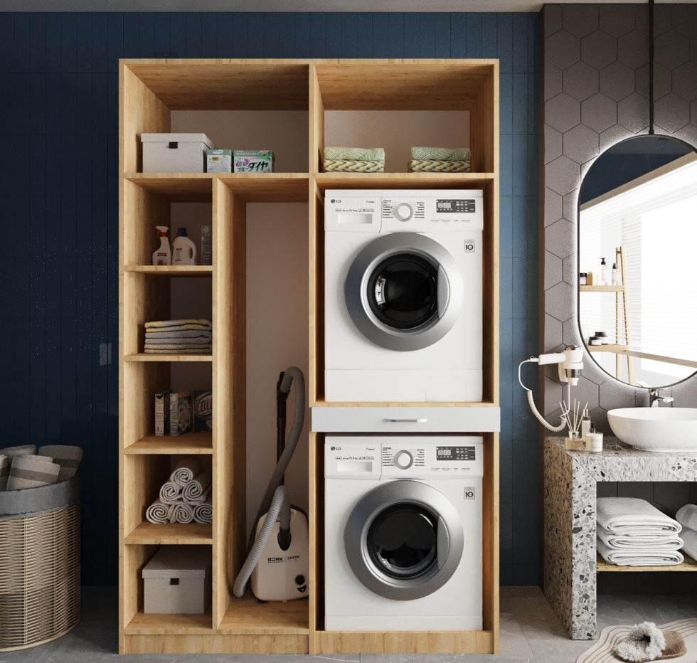 Megan Çamaşır Ve Kurutma Makinesi Dolabı Banyo Dolabı Meşe Beyaz - Ücretsiz Kurulum