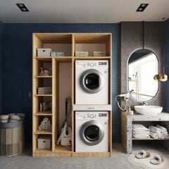 Megan Çamaşır Ve Kurutma Makinesi Dolabı Banyo Dolabı Meşe Beyaz - Ücretsiz Kurulum