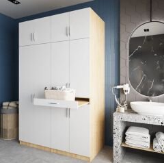 Megan Çamaşır Ve Kurutma Makinesi Dolabı Banyo Dolabı Meşe Beyaz - Ücretsiz Kurulum