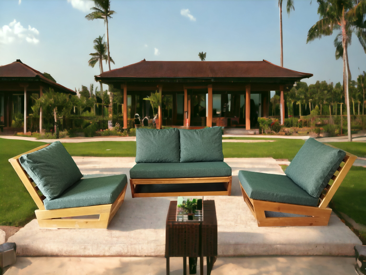 Nepal Bahçe Balkon Masif Kestane Ahşap Koltuk Takımı - 1 Adet Ikili 2 Adet Tekli Haki Yeşil