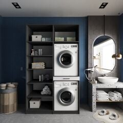 Modena Çamaşır Ve Kurutma Makinesi Dolabı Banyo Dolabı Füme Beyaz- Ücretsiz Kurulum