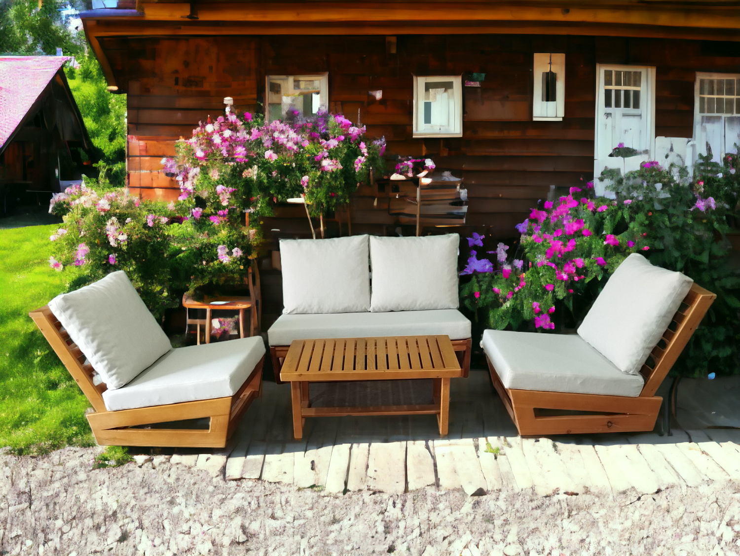 Nepal Bahçe Balkon Masif Kestane Ahşap Koltuk Takımı - 1 Adet Ikili 2 Adet Tekli ve Orta Sehpa Krem