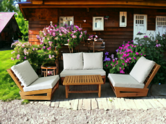 Nepal Bahçe Balkon Masif Kayın Ahşap Koltuk Takımı - 1 Adet Ikili 2 Adet Tekli ve Orta Sehpa Krem