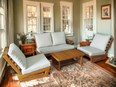 Nepal Bahçe Balkon Masif Kestane Ahşap Koltuk Takımı - 1 Adet Ikili 2 Adet Tekli ve Orta Sehpa Krem