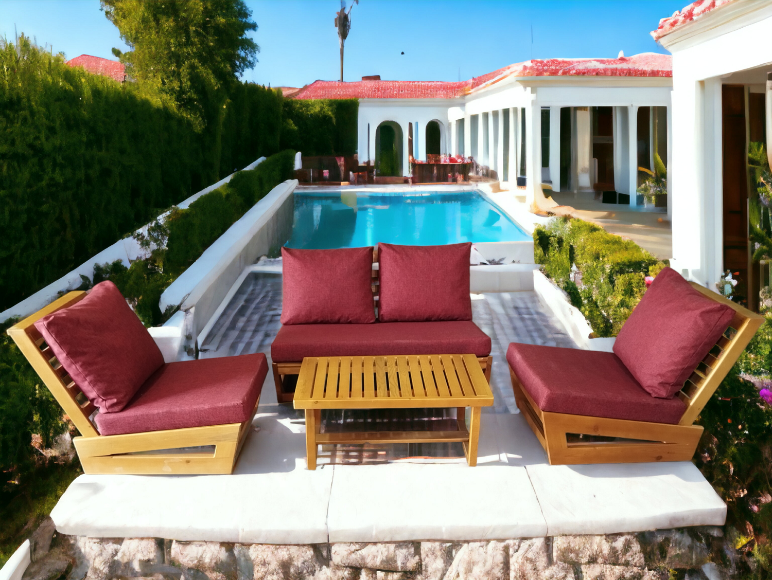 Nepal Bahçe Balkon Masif Kestane Ahşap Koltuk Takımı - 1 Adet Ikili 2 Adet Tekli ve Orta Sehpa Bordo