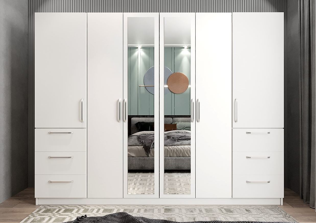 Zeren 6 Kapaklı 6 Çekmeceli Gardırop Dolap Beyaz Ölçü Seçenekli - Ücretsiz Kurulum