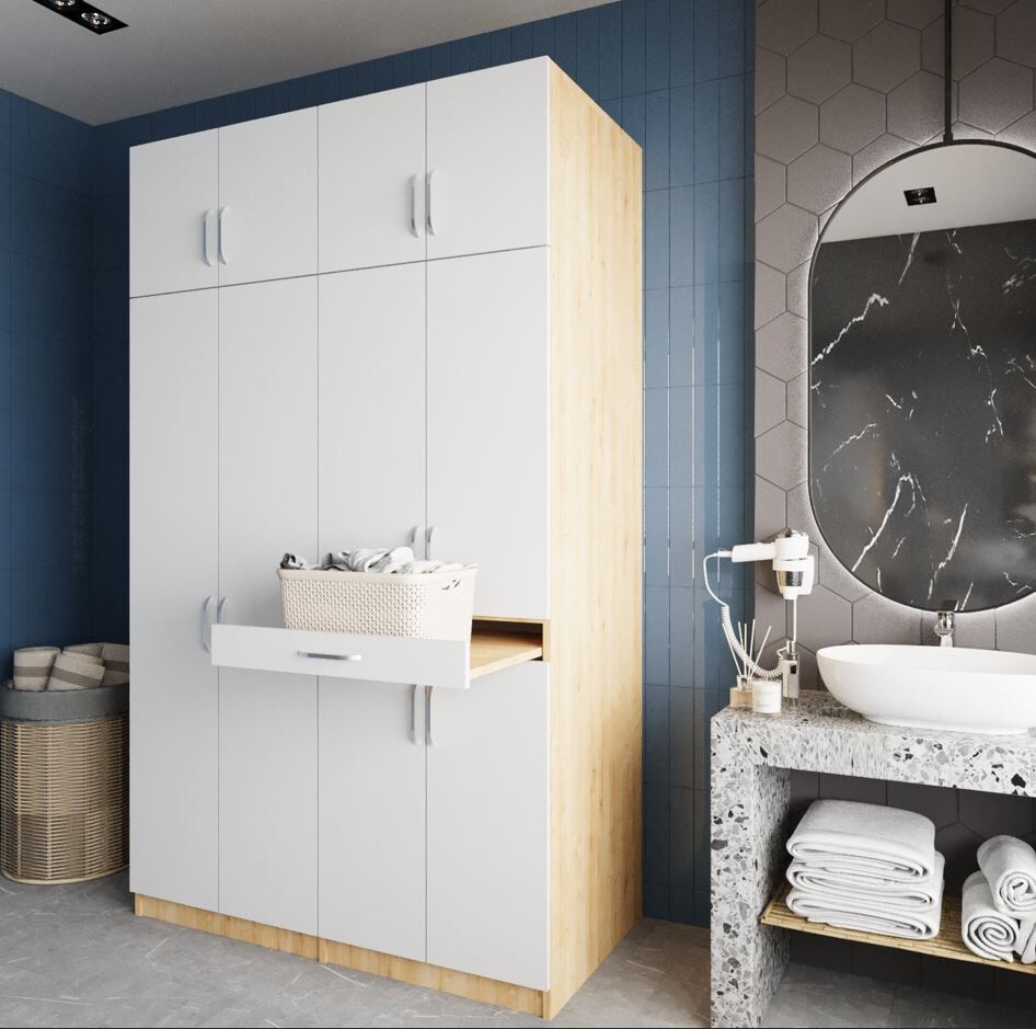 Modena Çamaşır Ve Kurutma Makinesi Dolabı Banyo Dolabı Meşe Beyaz - Ücretsiz Kurulum