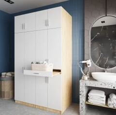 Modena Çamaşır Ve Kurutma Makinesi Dolabı Banyo Dolabı Meşe Beyaz - Ücretsiz Kurulum