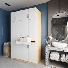 Modena Çamaşır Ve Kurutma Makinesi Dolabı Banyo Dolabı Meşe Beyaz - Ücretsiz Kurulum