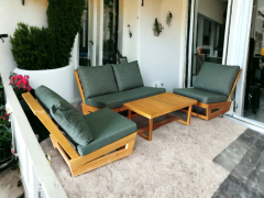 Nepal Bahçe Balkon Masif Kestane Ahşap Koltuk Takımı - 1 Adet Ikili 2 Adet Tekli ve Orta Sehpa Haki Yeşil