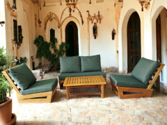 Nepal Bahçe Balkon Masif Kestane Ahşap Koltuk Takımı - 1 Adet Ikili 2 Adet Tekli ve Orta Sehpa Haki Yeşil