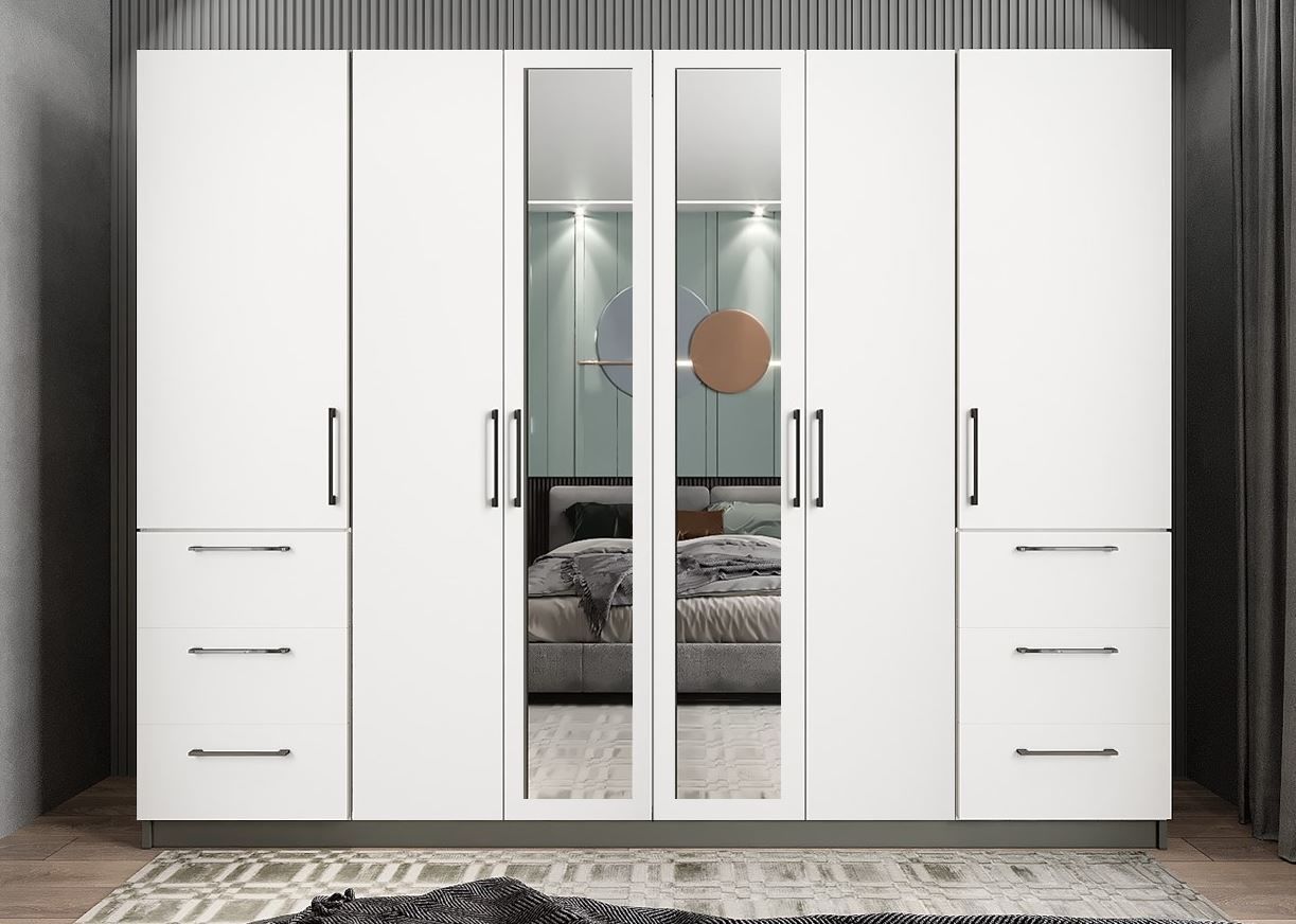 Zeren 6 Kapaklı 6 Çekmeceli Gardırop Dolap Beyaz Füme Ölçü Seçenekli - Ücretsiz Kurulum