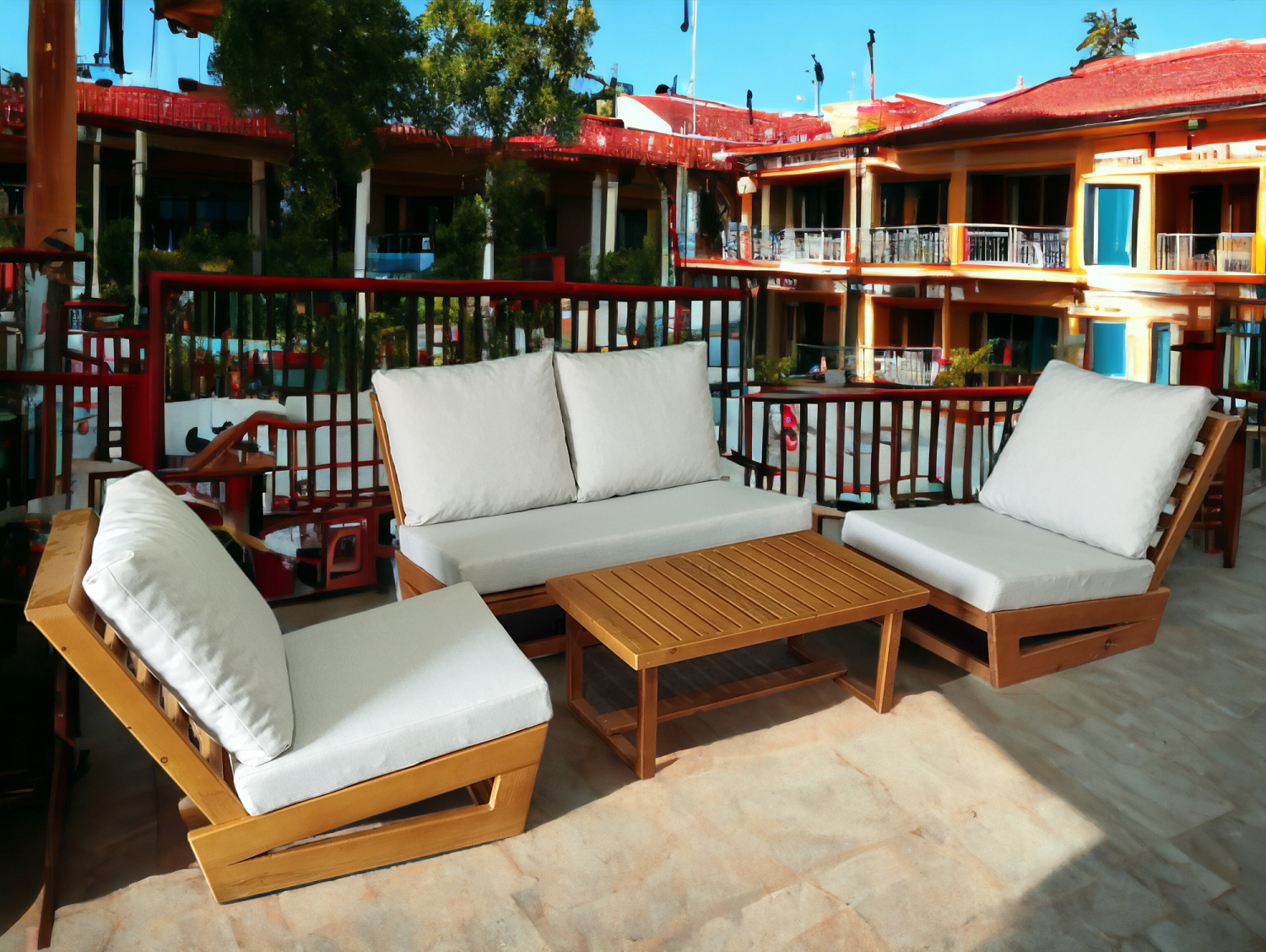 Müşteriye Özel Nepal Bahçe Balkon Masif Kestane Ahşap Koltuk Takımı 3+2+1+Orta Sehpa Krem