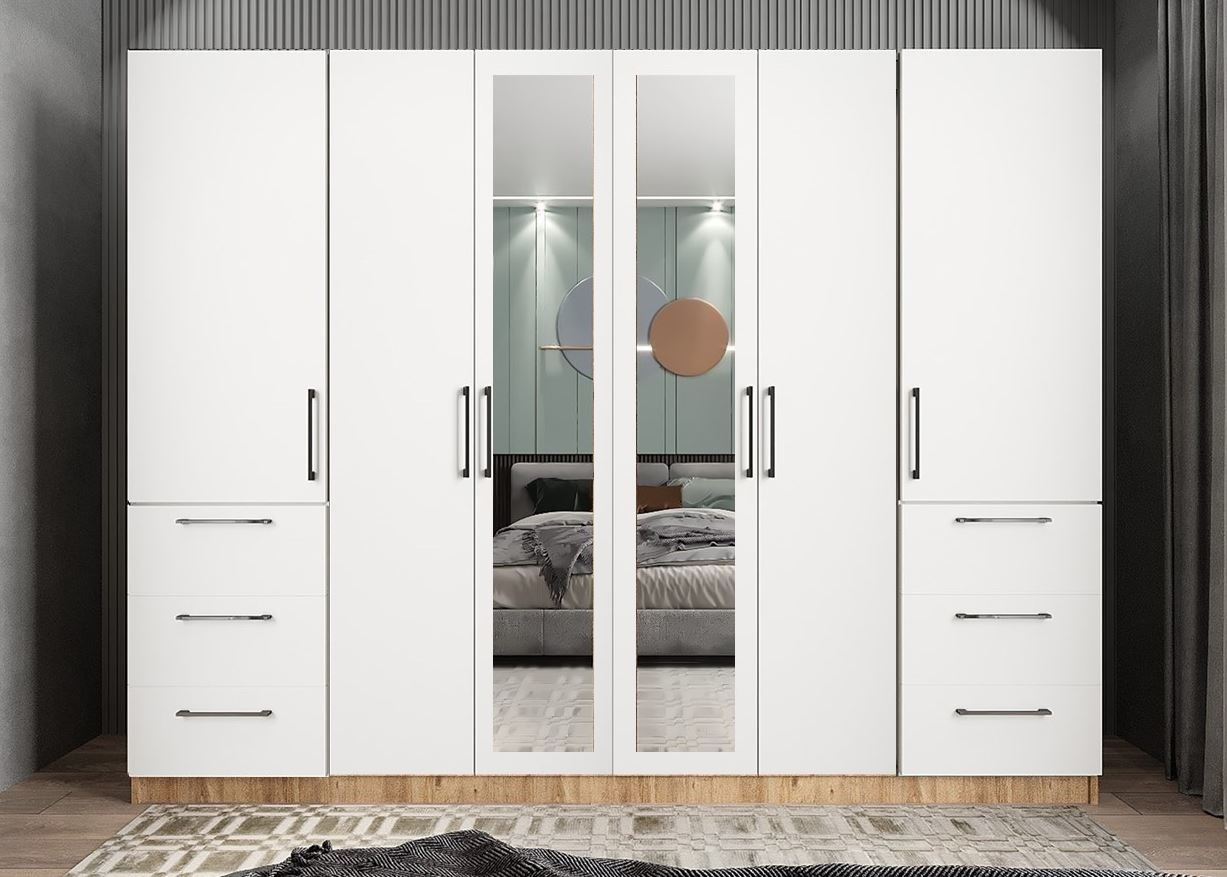 Zeren 6 Kapaklı 6 Çekmeceli Gardırop Dolap Çam Beyaz Ölçü Seçenekli - Ücretsiz Kurulum