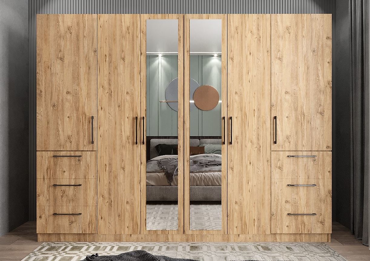 Zeren 6 Kapaklı 6 Çekmeceli Gardırop Dolap Çam Ölçü Seçenekli- Ücretsiz Kurulum