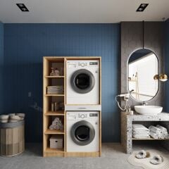 Tina Çamaşır Ve Kurutma Makinesi Dolabı Banyo Dolabı Meşe Beyaz- Ücretsiz Kurulum