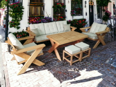 Berlin Masif Ahşap Bahçe Balkon Koltuk Kestane Ağacı 3+1+1 Koltuk, Masa ve Puf Takımı Krem A.T.