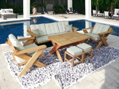 Berlin Masif Ahşap Bahçe Balkon Koltuk Kestane Ağacı 3+1+1 Koltuk, Masa ve Puf Takımı Krem A.T.