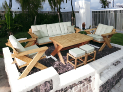 Berlin Masif Ahşap Bahçe Balkon Koltuk Kestane Ağacı 3+1+1 Koltuk, Masa ve Puf Takımı Krem A.T.