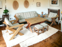 Berlin Masif Ahşap Bahçe Balkon Koltuk Kestane Ağacı 3+1+1 Koltuk, Masa ve Puf Takımı Krem A.T.