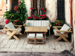 Berlin Masif Ahşap Bahçe Balkon Koltuk Kestane Ağacı 3+1+1 Koltuk, Masa ve Puf Takımı Krem A.T.