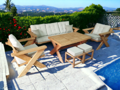 Berlin Masif Ahşap Bahçe Balkon Koltuk Kestane Ağacı 3+1+1 Koltuk, Masa ve Puf Takımı Krem A.T.