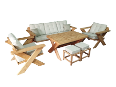 Berlin Masif Ahşap Bahçe Balkon Koltuk Kestane Ağacı 3+1+1 Koltuk, Masa ve Puf Takımı Krem A.T.