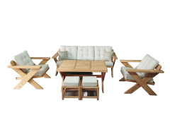 Berlin Masif Ahşap Bahçe Balkon Koltuk Kestane Ağacı 3+1+1 Koltuk, Masa ve Puf Takımı Krem A.T.