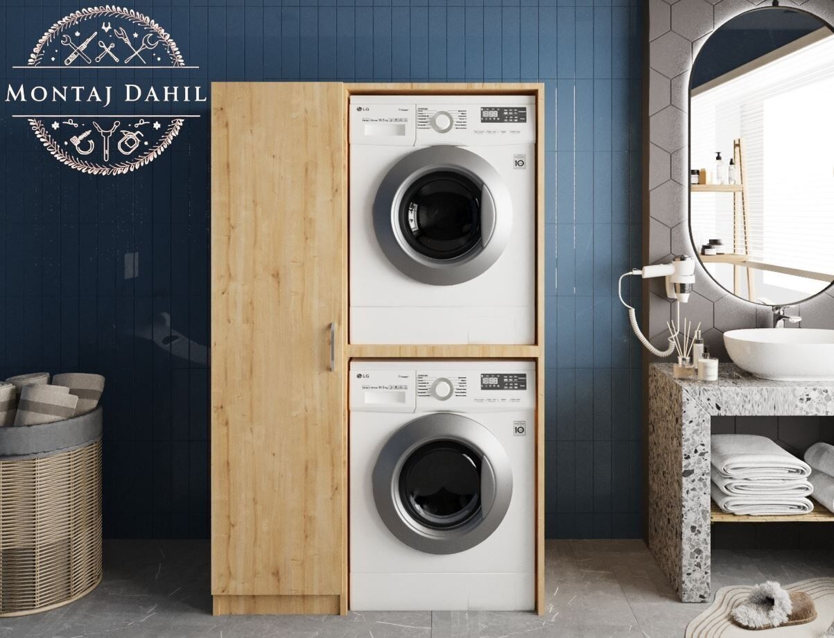 Almera Çamaşır Ve Kurutma Makinesi Dolabı Banyo Dolabı Meşe- Ücretsiz Kurulum