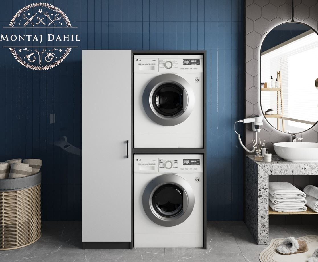 Almera Çamaşır Ve Kurutma Makinesi Dolabı Banyo Dolabı Füme Beyaz- Ücretsiz Kurulum