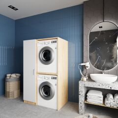 Almera Çamaşır Ve Kurutma Makinesi Dolabı Banyo Dolabı Meşe Beyaz- Ücretsiz Kurulum