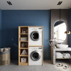 Almera Çamaşır Ve Kurutma Makinesi Dolabı Banyo Dolabı Meşe Beyaz- Ücretsiz Kurulum